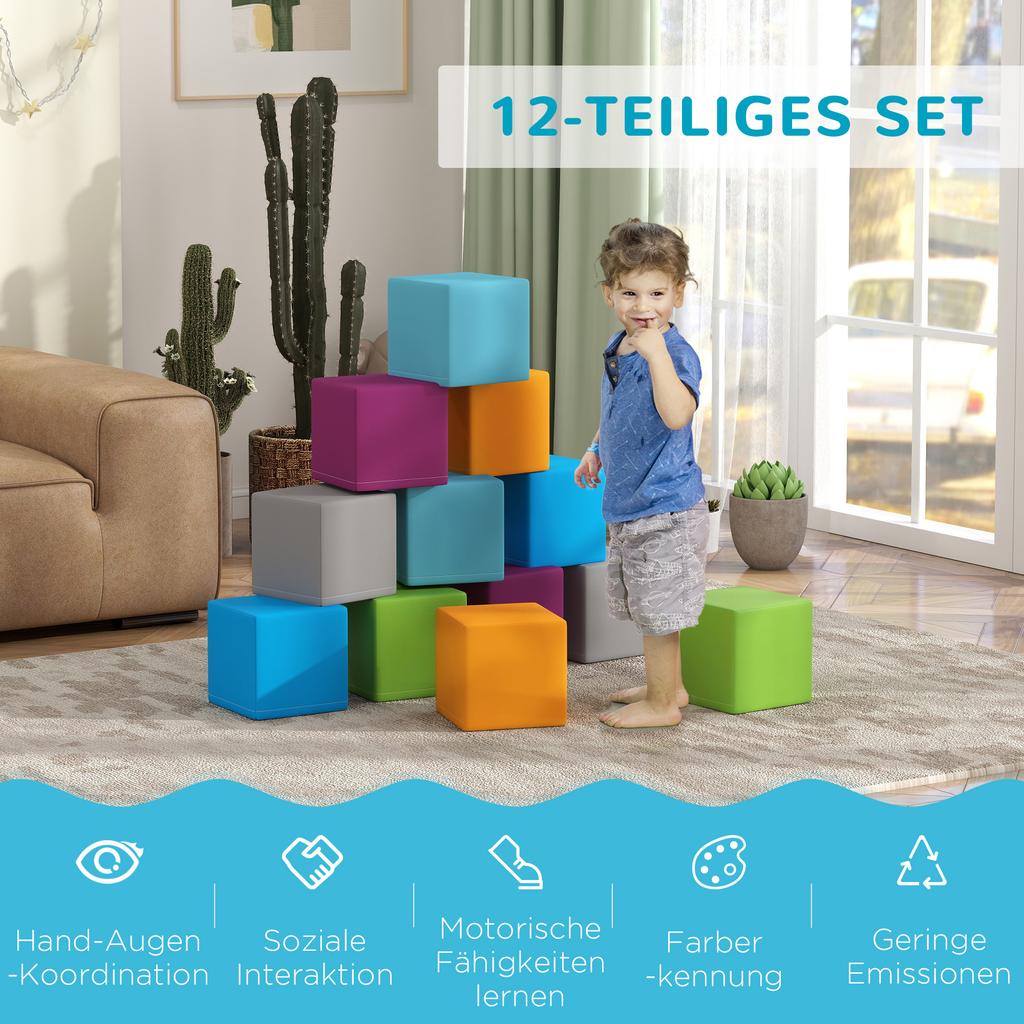 12 PCs Soft Play Blocks, Soft Foam Toy, Building and Stacking Blocks for Kids, Multi-colour