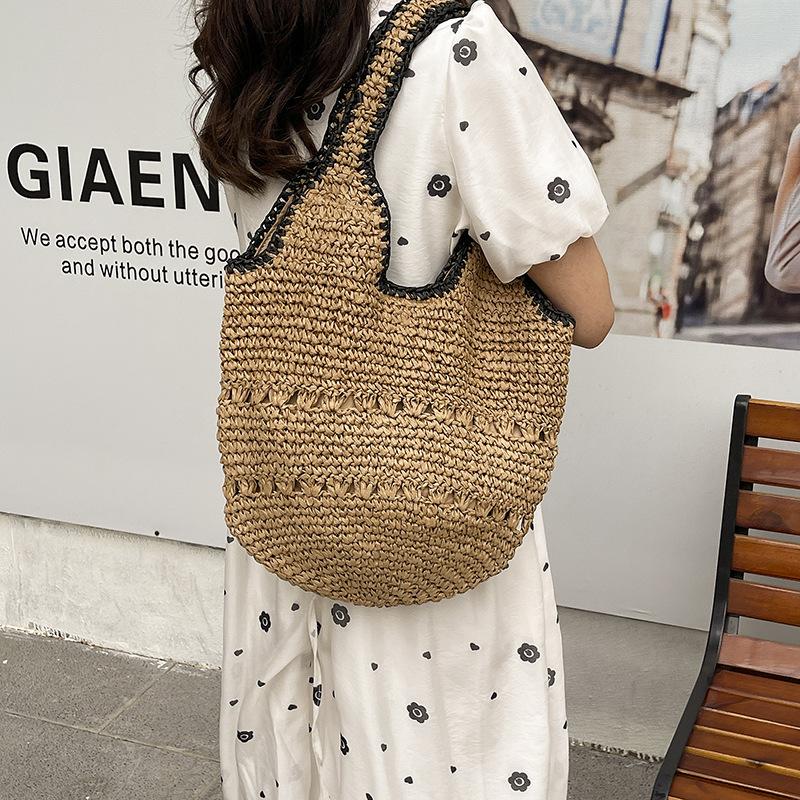 Straw Bag Shoulder Woven Bag Women's Handwoven Bag Casual Versatile Large Capacity Lazy Beach Bag