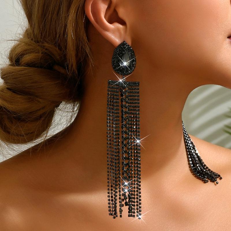 Ladies Light Luxury Water Drop Long Tassel Shines Crystal Ear Drop