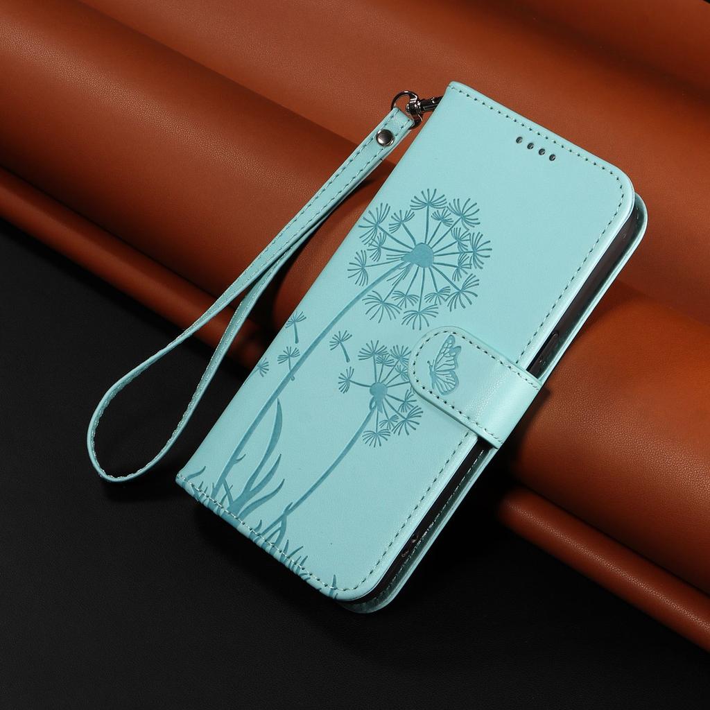 Leather Wallet Flip Case For OPPO A57S A77 A15 A15S A16 A16S A54S A17 A96 4G 5G Dandelion Embossed Design, Card Slots, Wrist Strap