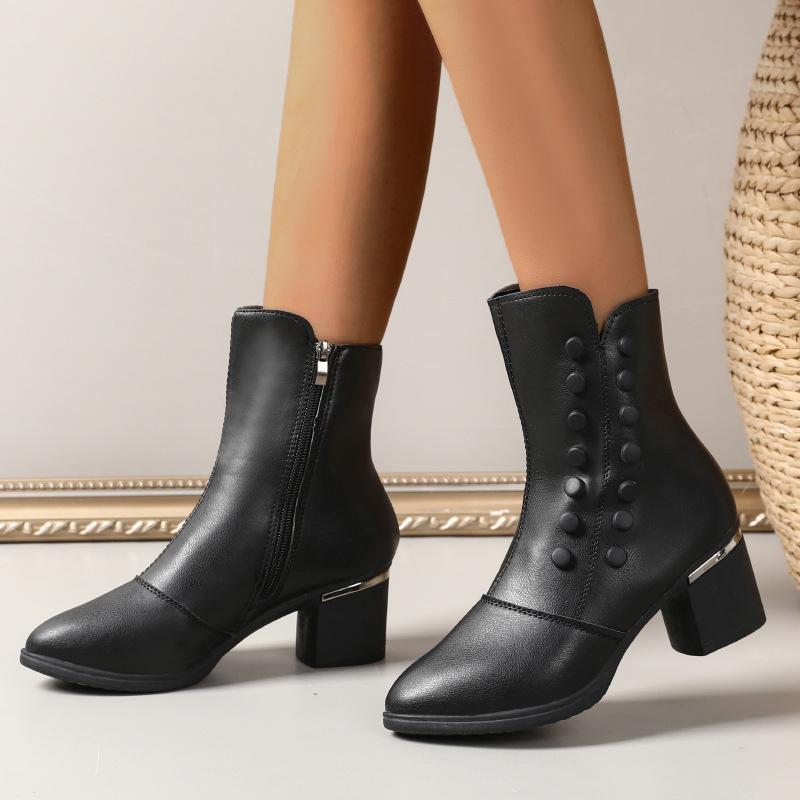 Fashion Women Boots High Quality Leather Ankle Boot Chunky Chelsea High Heels Boots for Women Winter Plush Warm Cotton Boots Botas Mujer