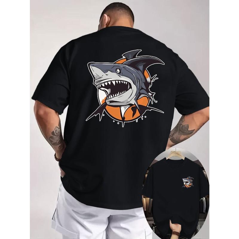 

European Size Ripped Shark T-shirt, Featuring a Creative Illustration of a Shark Breaking Through an Orange Circle with Front and Back Prints S чёрный