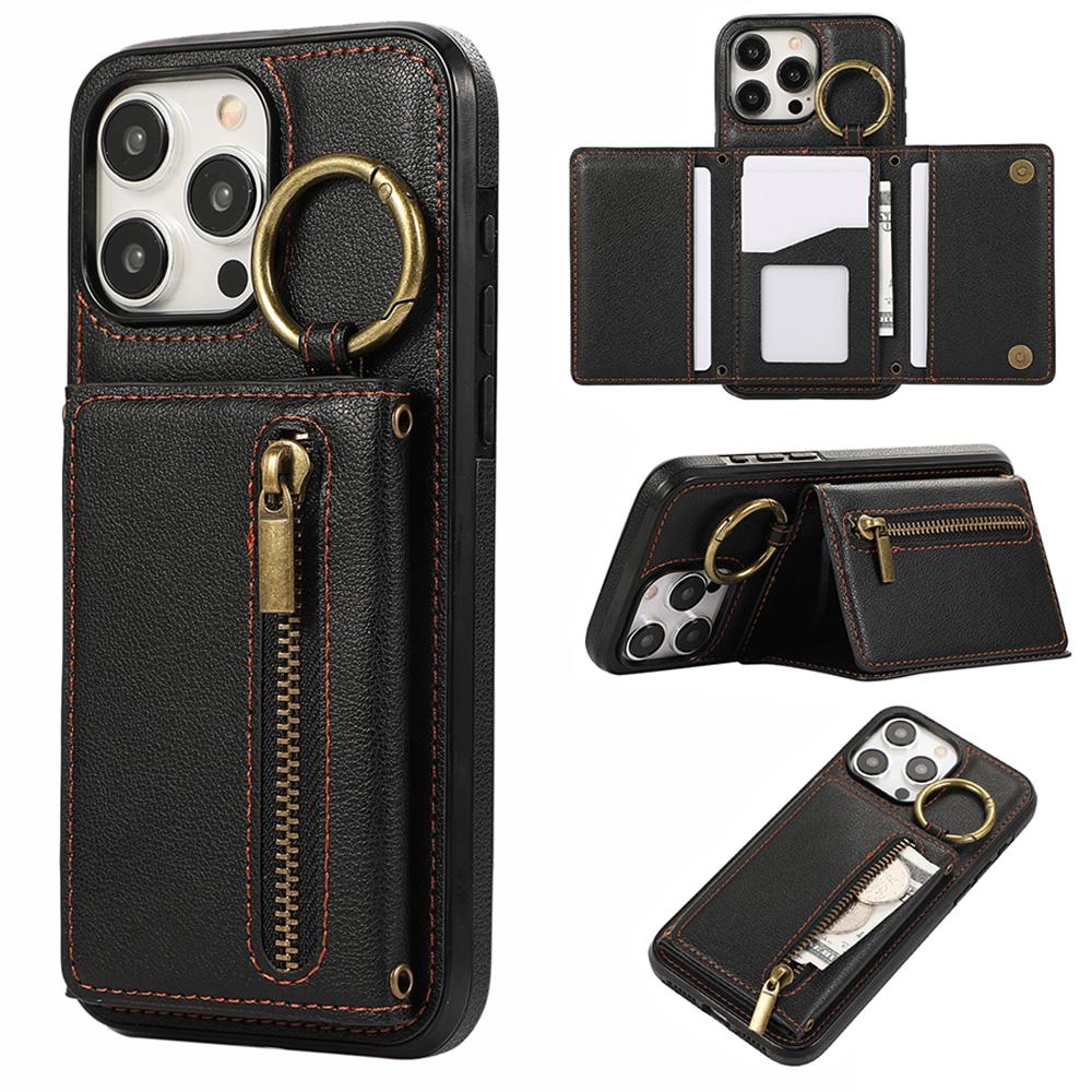 Ring Zipper Wallet Multi Card Flip Leather Case for iPhone 15 14 13 12 11 Pro Max XS MAX XR for Samsung S24 S23 S22 S21 S20 Ultra Plus A14 A13 A53 A54