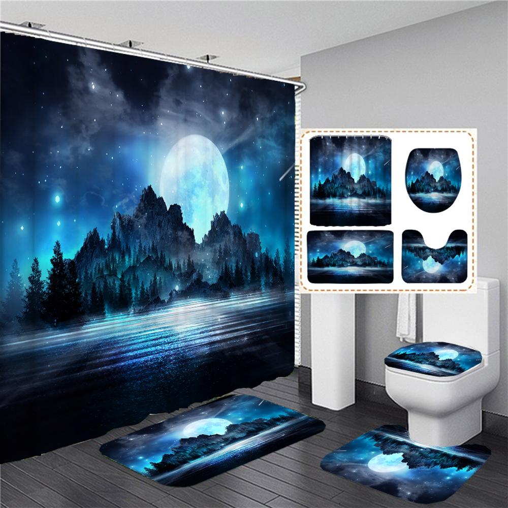 Waterproof Shower Curtain Set Moonlight Sea Starry Sky Scenery Bath Rug And Mats With Hooks Toilet Seat Cover Bathroom Decor