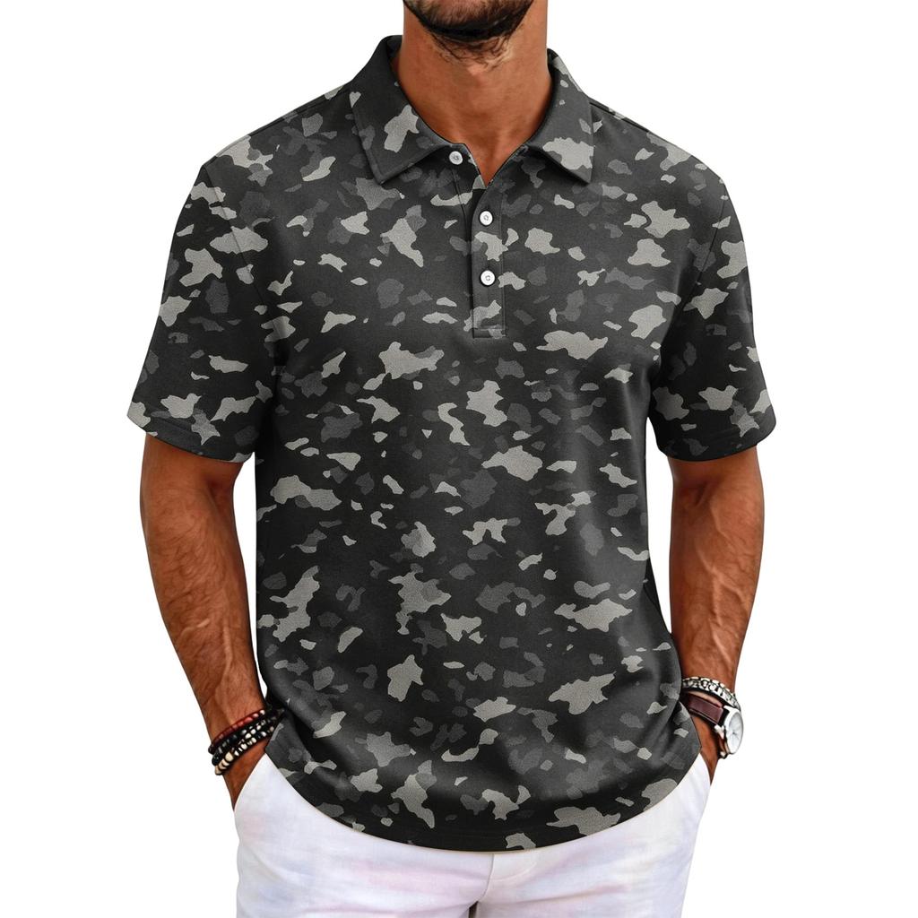 Men's Camouflage Polo Shirt Slim Fit Short Sleeve Business Casual Collar Buttoned Front Breathable Fabric Lightweight Design