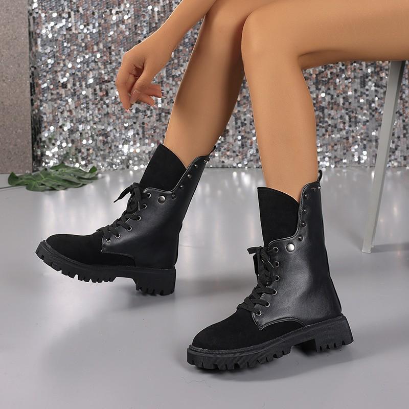 French Vintage Mid-Thigh Boots Fall New Round Toe Spliced Front Lace-Up Rivet Soft Sole Non-Slip Kitten Heels