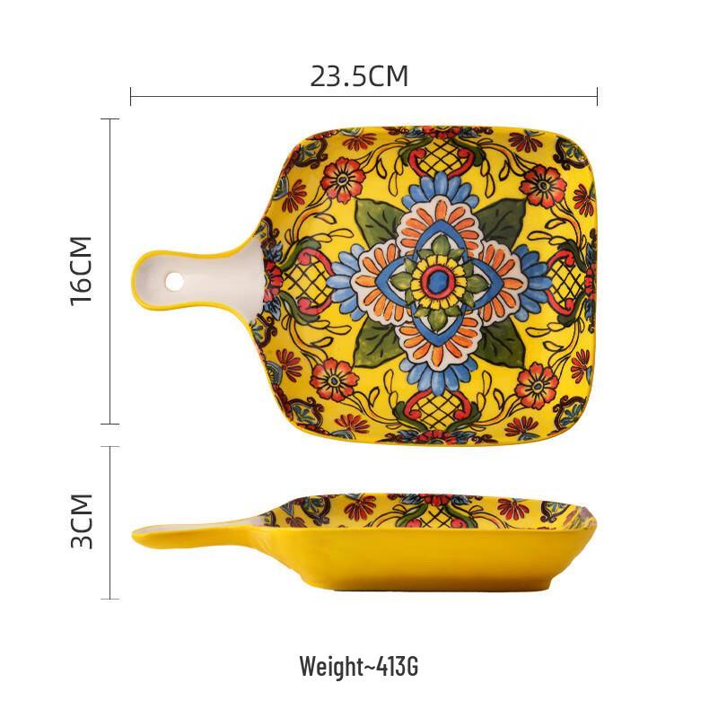 ZISIZ Bohemian Yellow Flower Ceramic Handle Plate