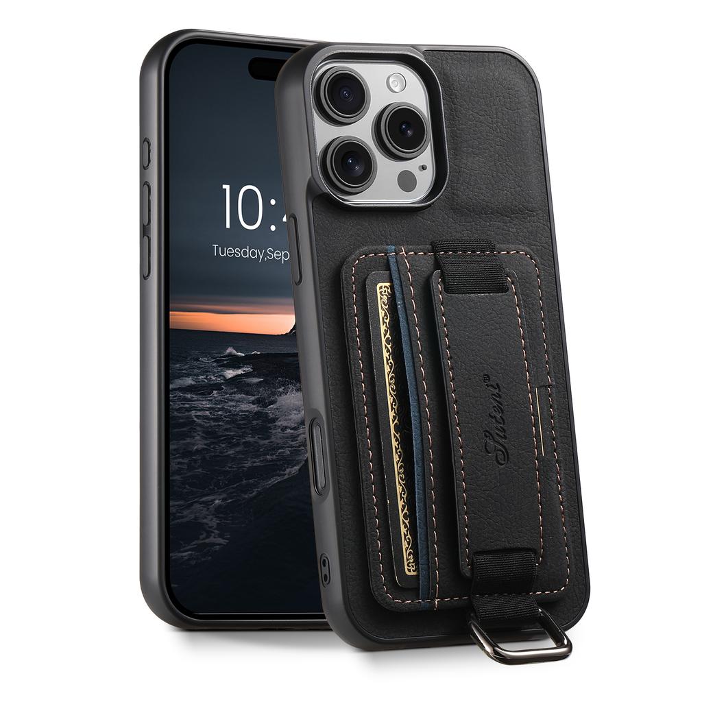 SUTENI H13 For iPhone 16 Pro Max Case Litchi Texture Leather+TPU+PC Cover with Card Holder Kickstand
