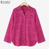 ZANZEA Women Casual Turn Down Collar 3/4 Sleeve Loose Hollow Out Patchwork Blouse