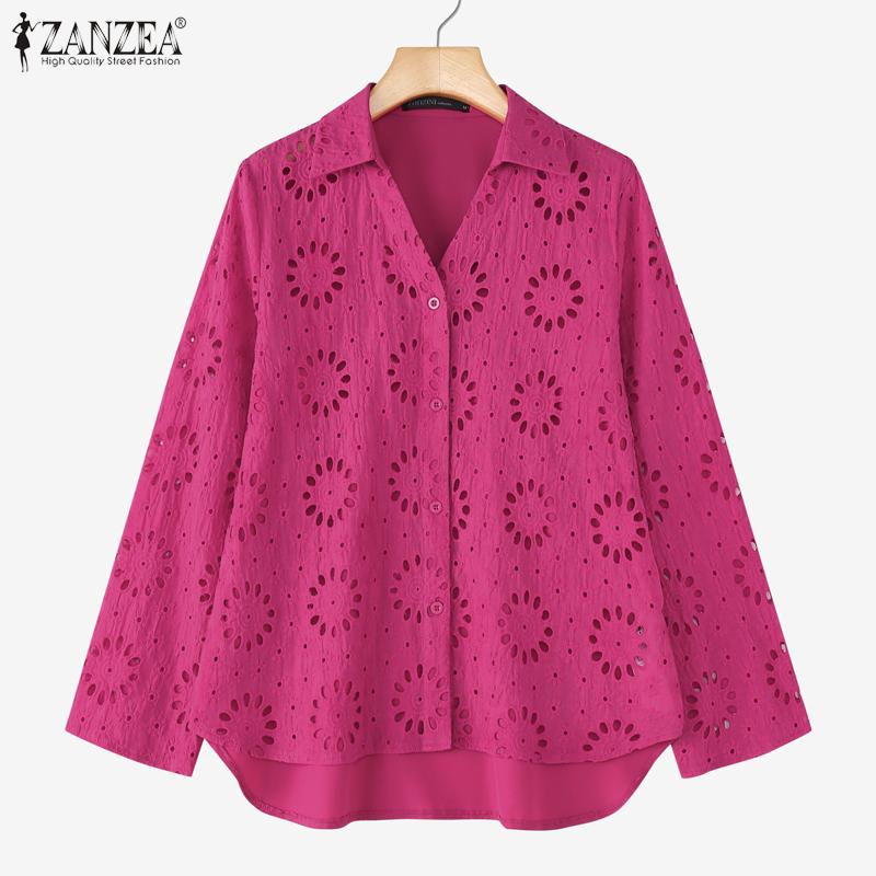 ZANZEA Blusa Casual para Mujer con Cuello Vuelto, Manga 3/4 Holgada, Calada, Patchwork