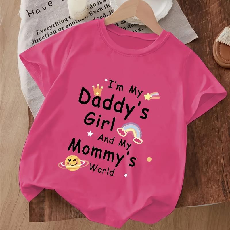 Girls Crewneck Short Sleeve Tee, Letter "I'M MY DADDY'S GIRL AND MY MOMMY'S WORLD" Cartoon Planet Print Comfort Casual Top