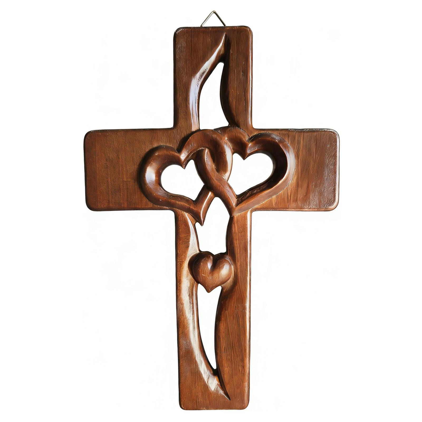 Hand-Carved Intertwined Hearts Wooden Cross Handmade Wooden Wall Cross Symbol of Sacred Love for Wedding Valentine Gift
