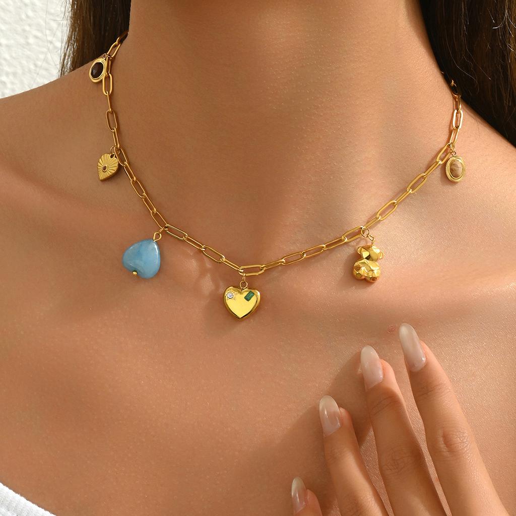 Geometric Women's Jewelry Niche Love Inlaid Natural Stone Design Long Necklace Versatile Premium Sense Necklace Jewelry