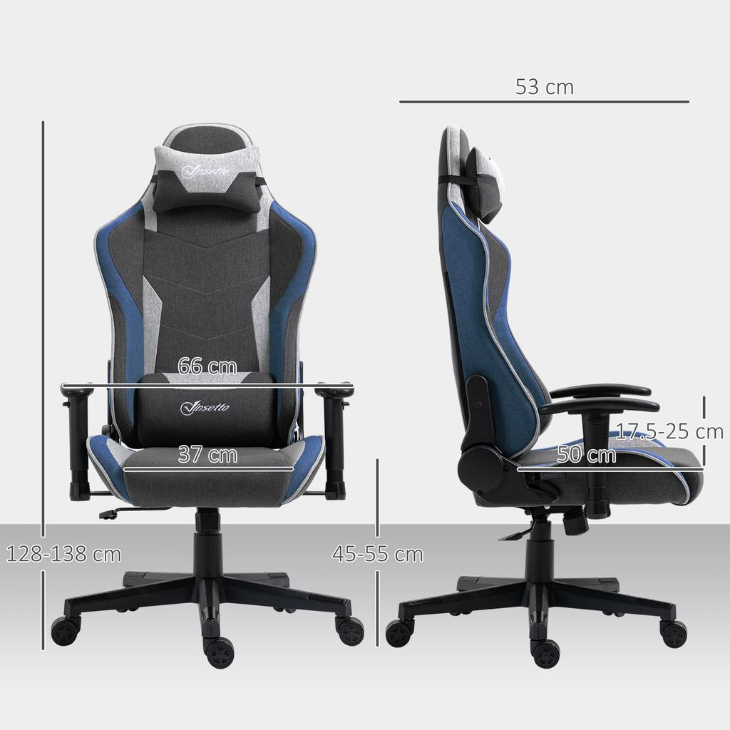 Gaming Chair Reclining To 150 Degrees with Rocking Function, In Linen-Effect Fabric, 66x53x128-138 Cm, Grey