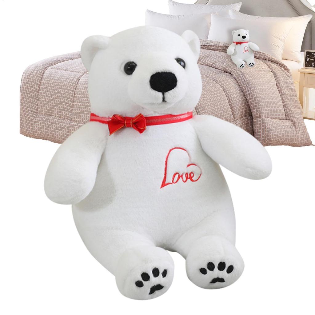Soft Polar Bear Plush Toy, Cute Stuffed Animal Bear Plushie with Bow, Huggable Kids Cuddle Buddy, Travel Companion for Boys, Teens, Girls, Child Comfo