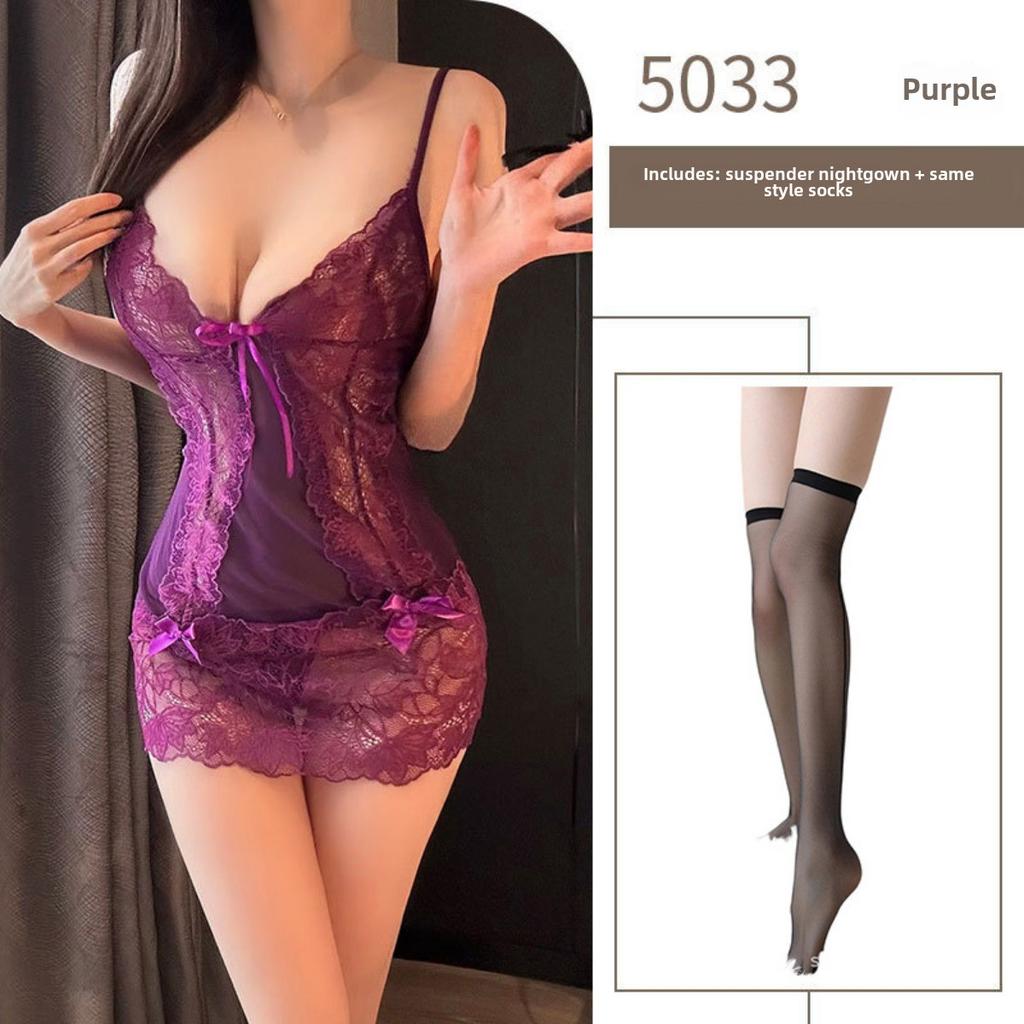 Purple Pure Desire Suspender Nightdress Hollow Lace Transparent Bed Sexy Pajamas Flirting