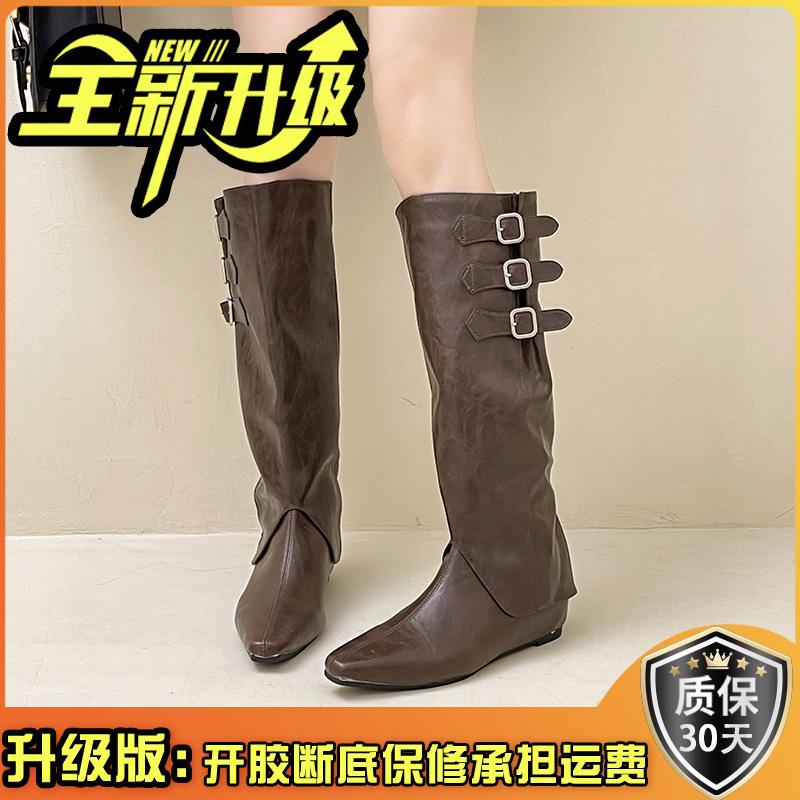 Korean version of the inner height-increasing sleeve leather boots removable trousers boots autumn and winter fashion two wear square head women
