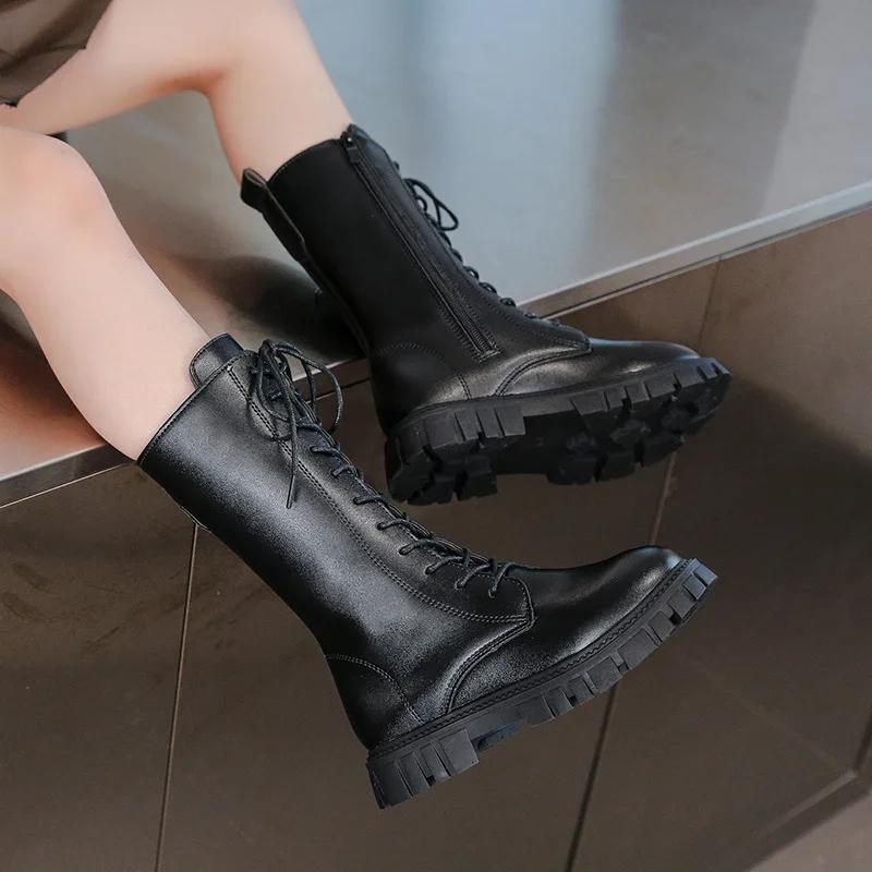 Autumn Winter Cool Baby Girls Warm Square Heel Round Toe Casual Lace-Up Comfortable Kids Black Mid Boots