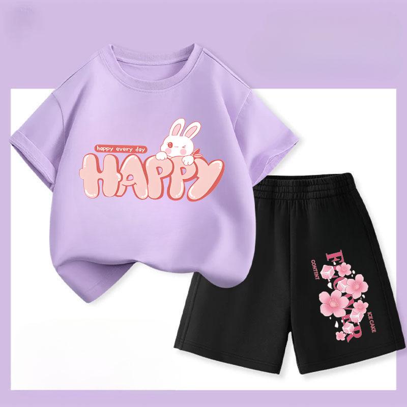 Summer Girls' Casual Set: Cute Rabbit Print Breathable T-shirt + Short-sleeved Pants Fashionable and Comfortable Set