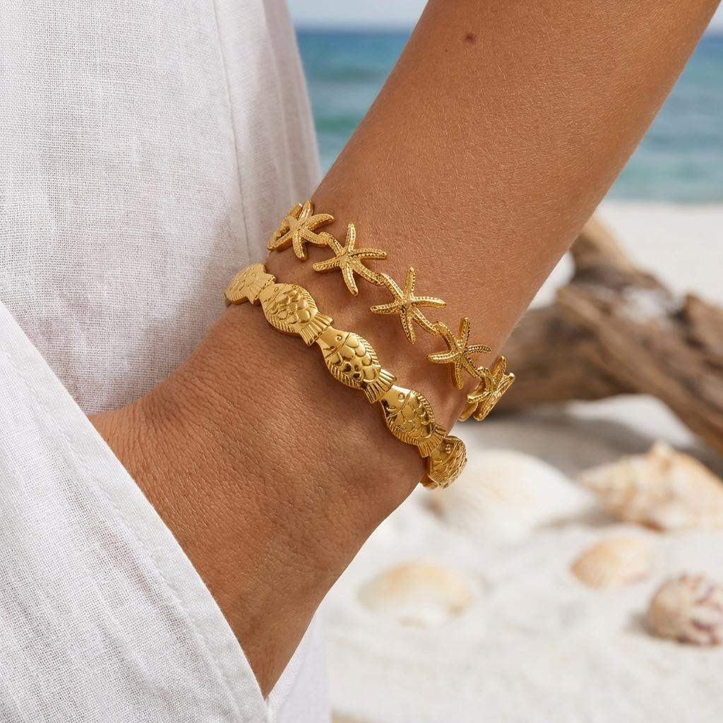 Summer Ocean Style Fish Shell Starfish Cuff Open Bangle for Women Gold Color Stainless Steel Bracelet Aesthetic Party Jewelry