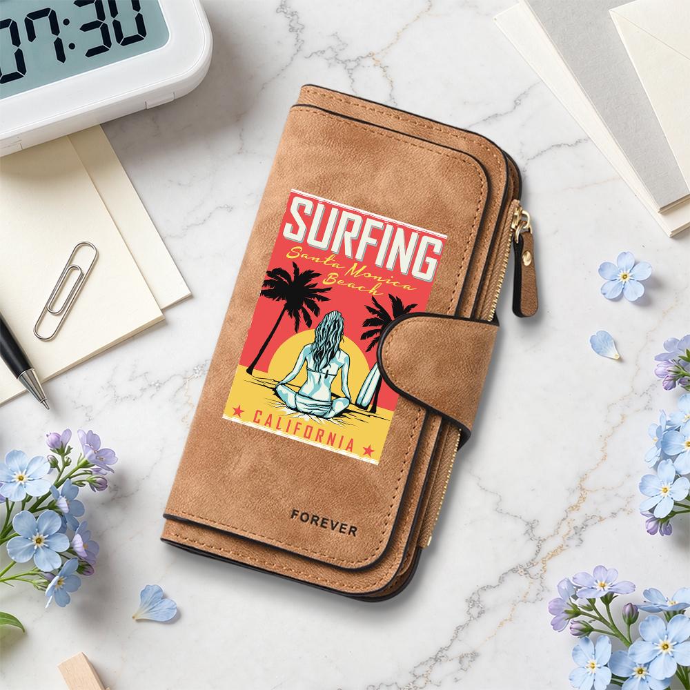 Surfing Pattern Multi Card Long Wallet Fashion Casual Portable Zipper Purse for Daily Use