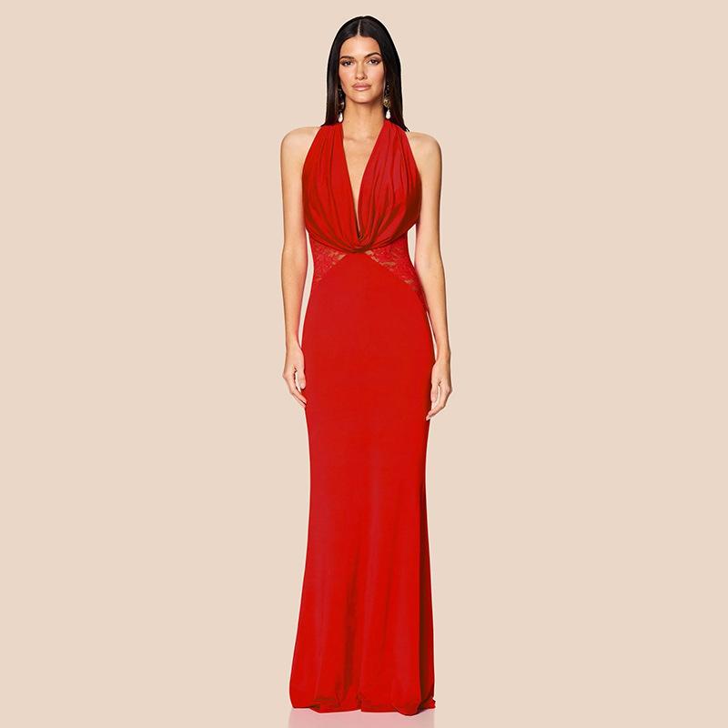 

European and American dresses, lace splicing temperament hanging neck V-neck backless waist thin fish tail hip skirt mopping skirt L червоний