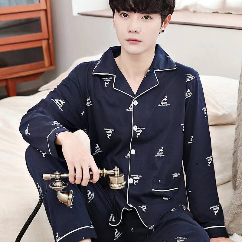 Korean Style Cotton Pajama Set with Checkered Pattern and Pocket - Long Sleeve, Full Length for Spring & Autumn
