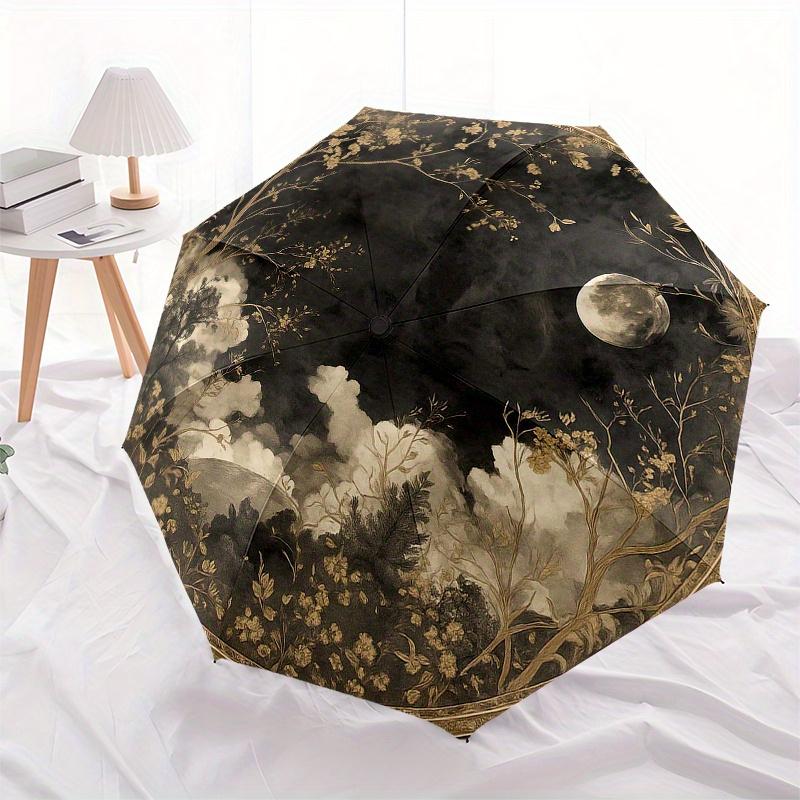 Enchanted Garden Moonlit Night Wall MuralUmbrella, Portable 3-Fold Compact Umbrella for Men & Women Gift