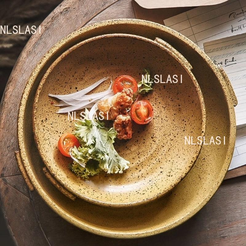 Double Ear Circular Dessert Plate Japanese Style Household Deep Plate Coarse Pottery Sushi Plate Household Tableware