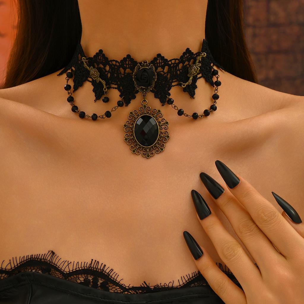 Vintage style dark red rose long fringed necklace goth black lace collarbone chain collar