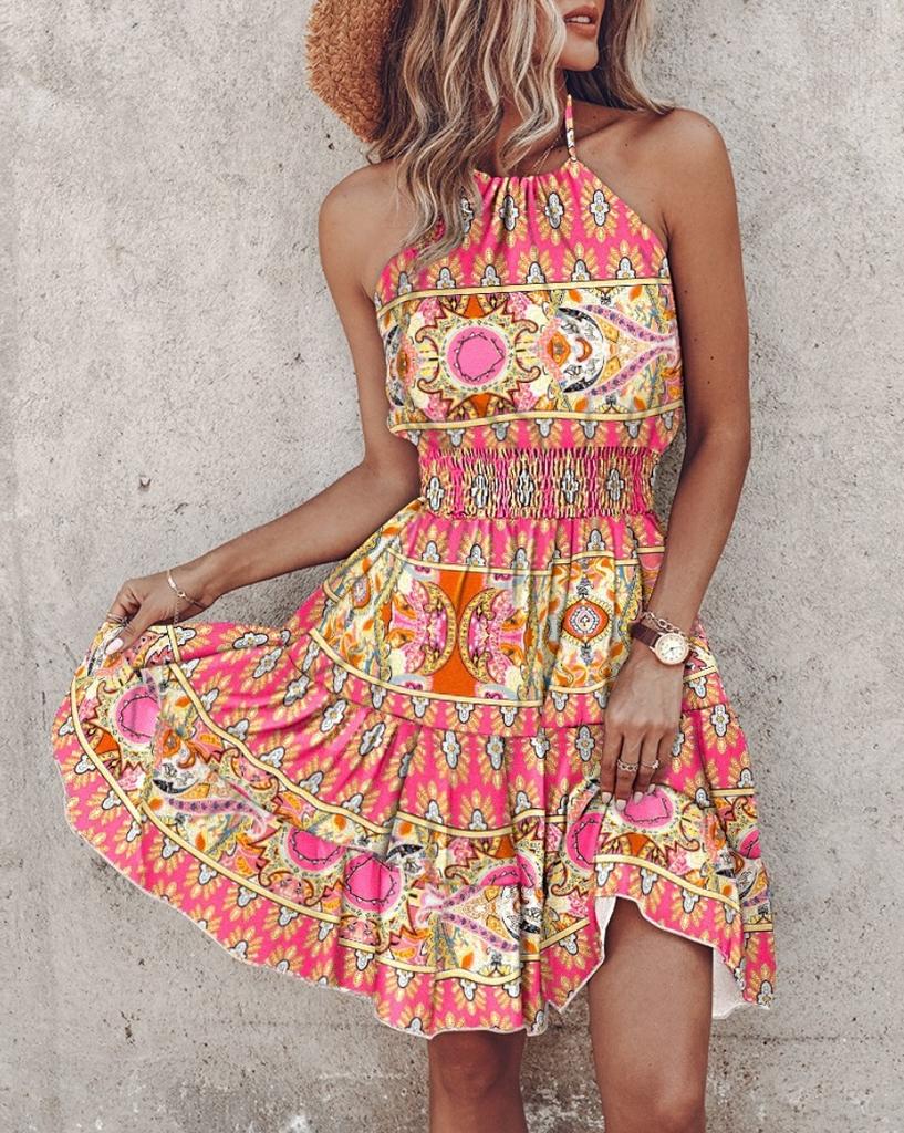 Summer European and American new printed neck dress women