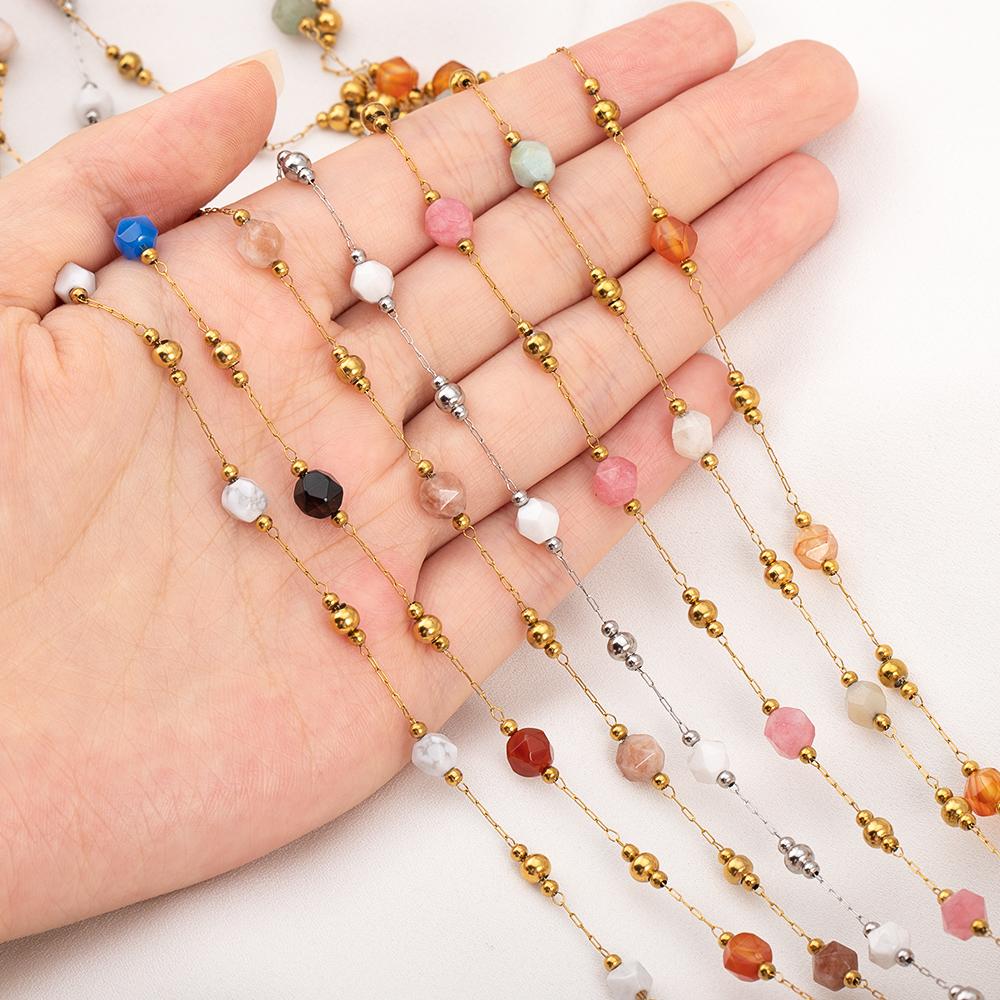1meter Irregular Romantic Pink Stone Beaded Chain Stainless Steel Necklaces Chains Boho Anklet Bracelets for DIY Jewelry Making