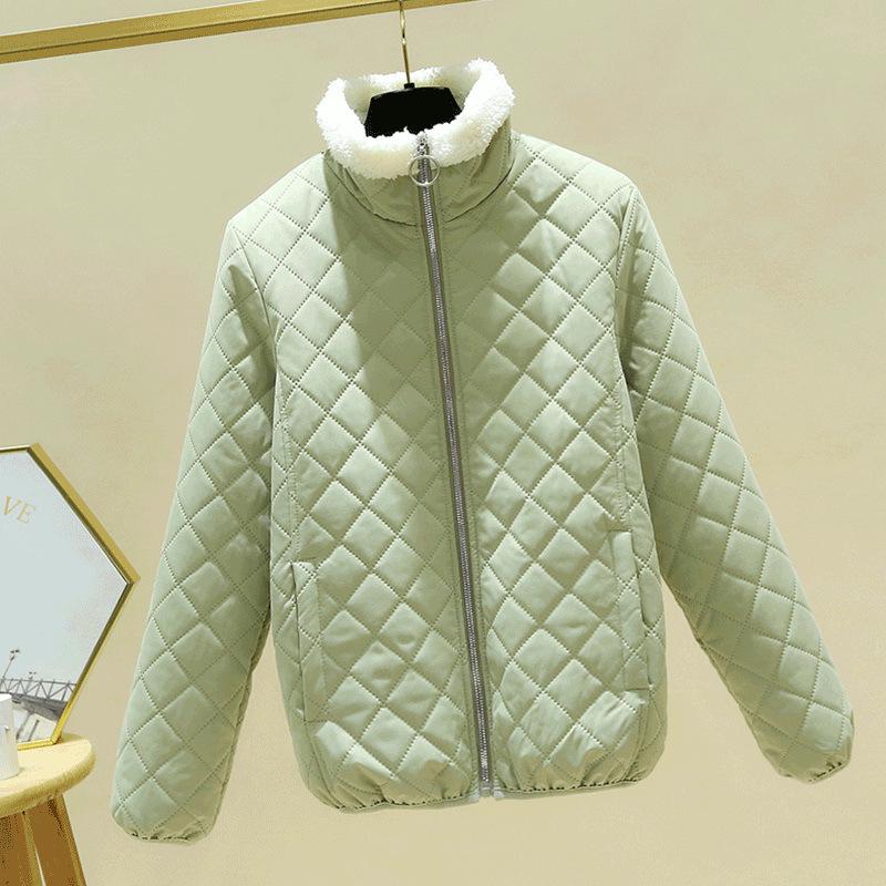 2024 Fall/Winter Women's Lambskin Cotton Coat - Stand-up Collar, Casual Loose Fit, Warm and Stylish Diamond Check Design.