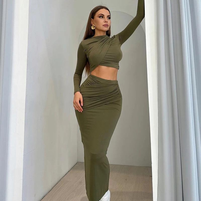2024 Summer Women's Round Neck Long Sleeve Crop Top & Skirt Two-Piece Set