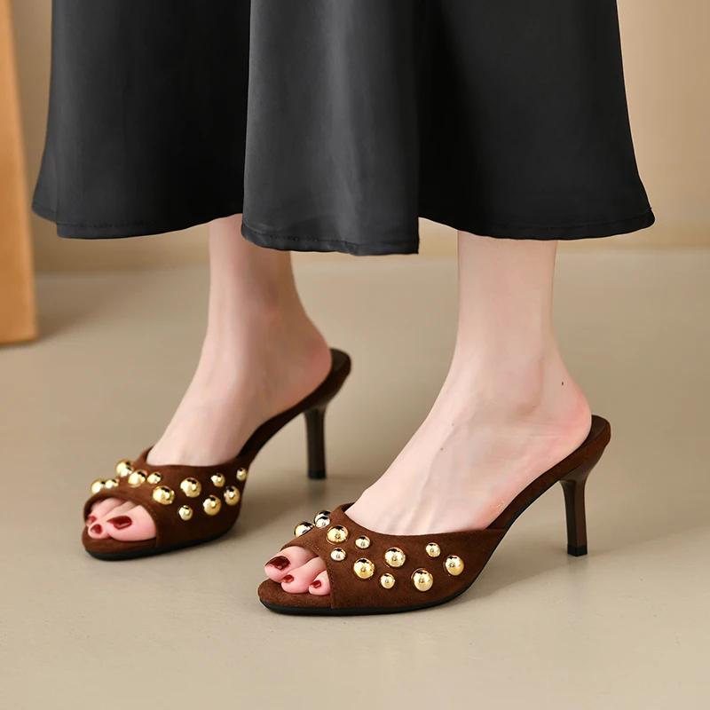 Summer New High-heeled Sandals Women's Temperament Round Head Shallow Rivet Thin Heel Versatile Outward Wear Flip-flops