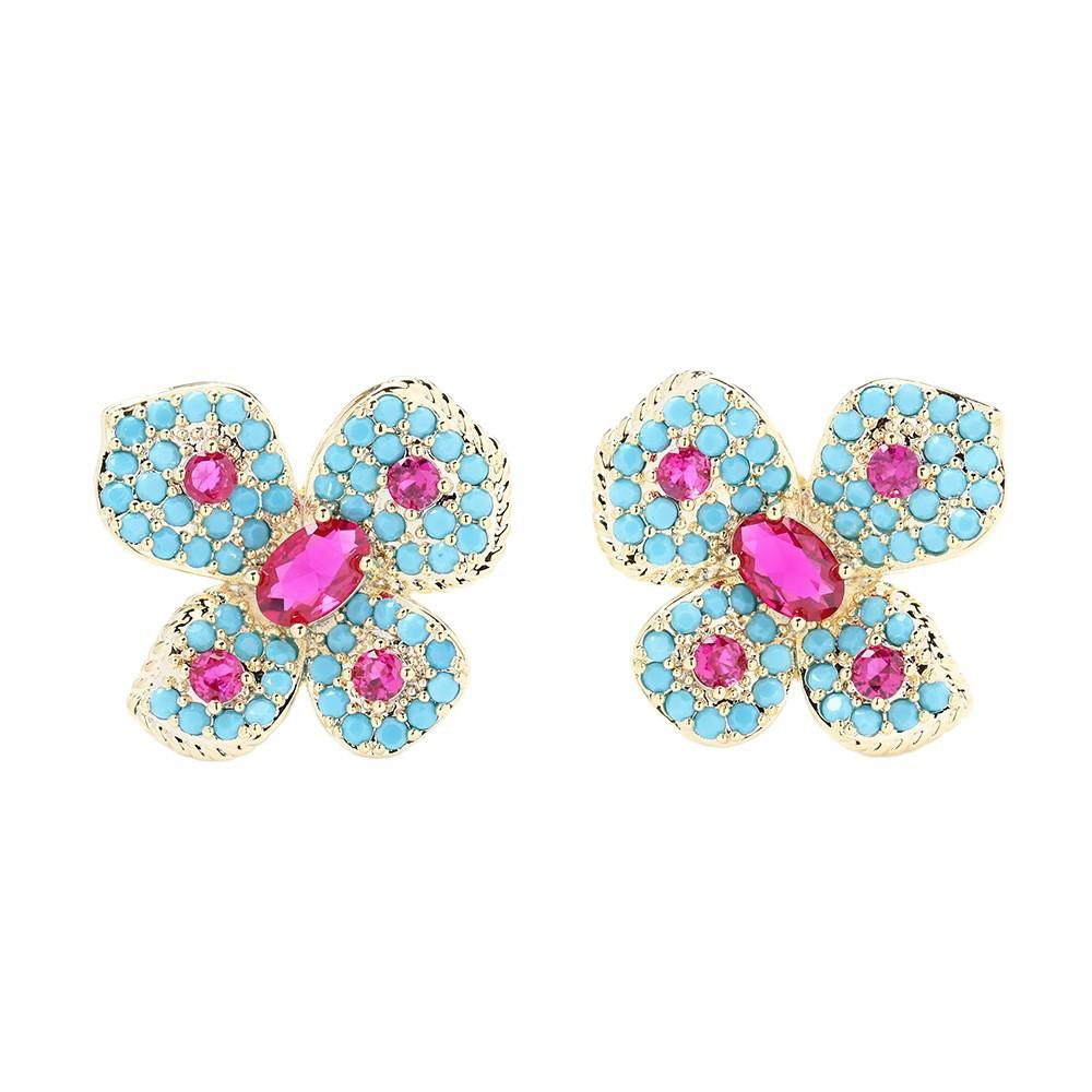 High-end micro-inlaid zircon blue flower stud earrings light luxury and versatile red petal 925 silver needle earrings women's earrings