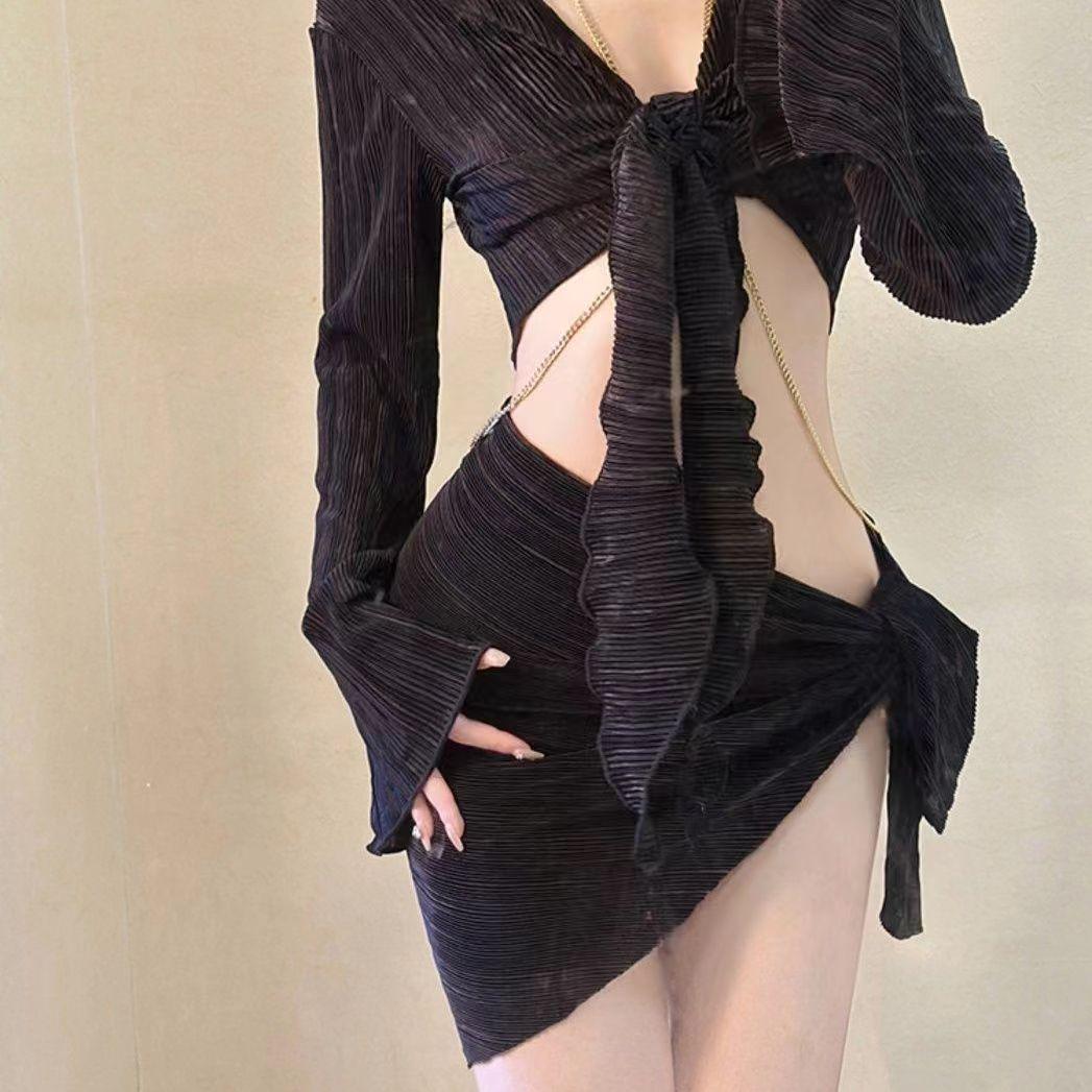 

Корейский черный купальник бикини пуш-ап с цепочкой и юбка-накидка для женщин 2024 Large чёрный