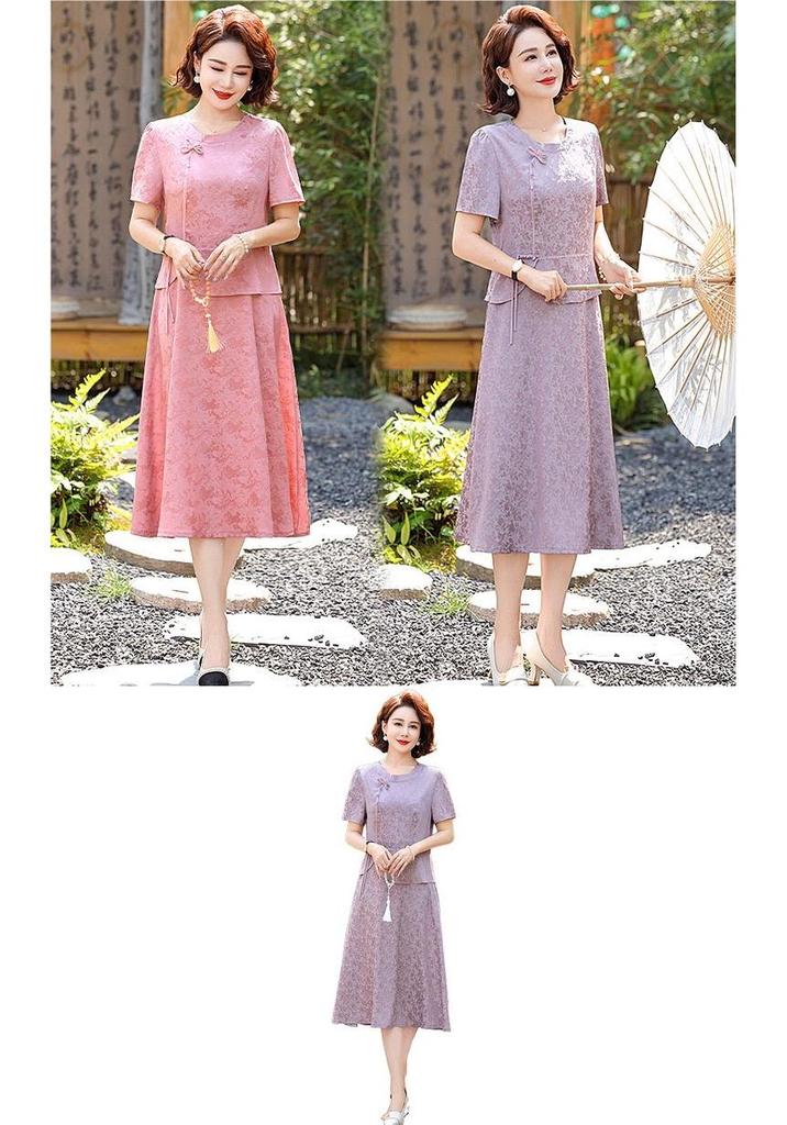 2026 New Chinese Style Elegant Short-Sleeve Summer Dress for Middle-Aged and Elderly Women