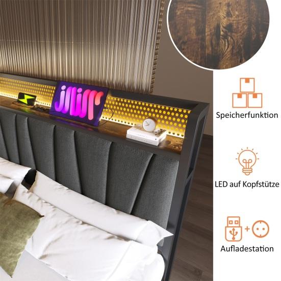 Upholstered Bed Metal Bed LED App-Control Double Bed with Charging USB Charging Function Headboard And LED Light, Metal Bed 140x200cm Wooden Slatted