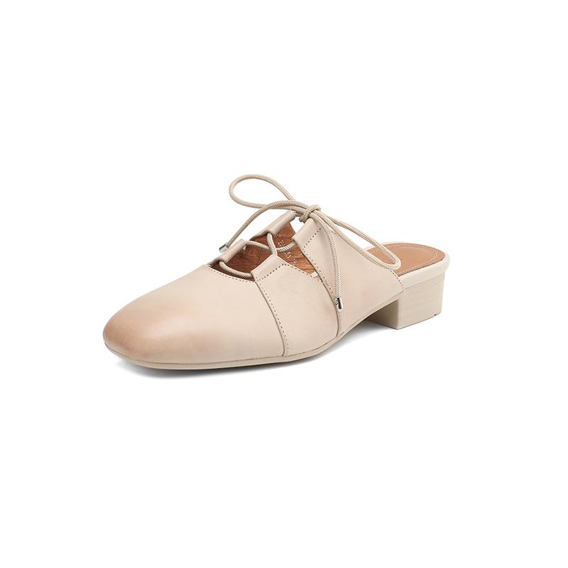 Fashion New Summer Women Mules Genuine Leather Shoes for Women Round Toe Low Heel Shoes Cover Toe Slip-on Women Sandals Retro Slippers