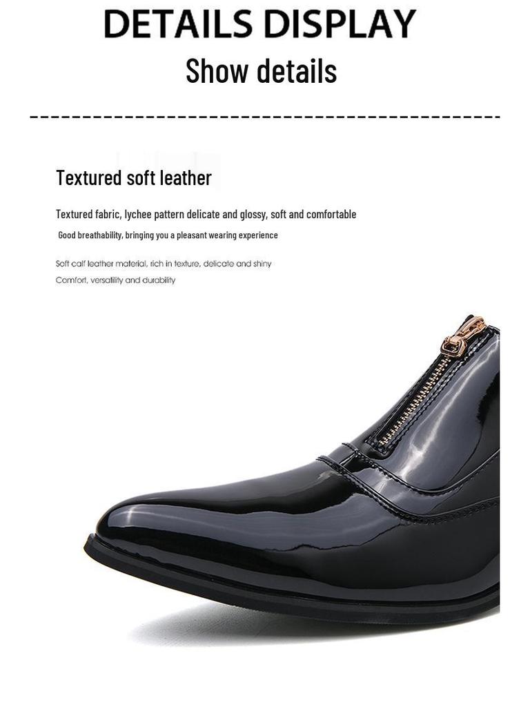 Men's Cross-Border Shiny Leather Dress Shoes - Pointed, Chunky Heel, Height Increasing, Zippered for Spring & Autumn