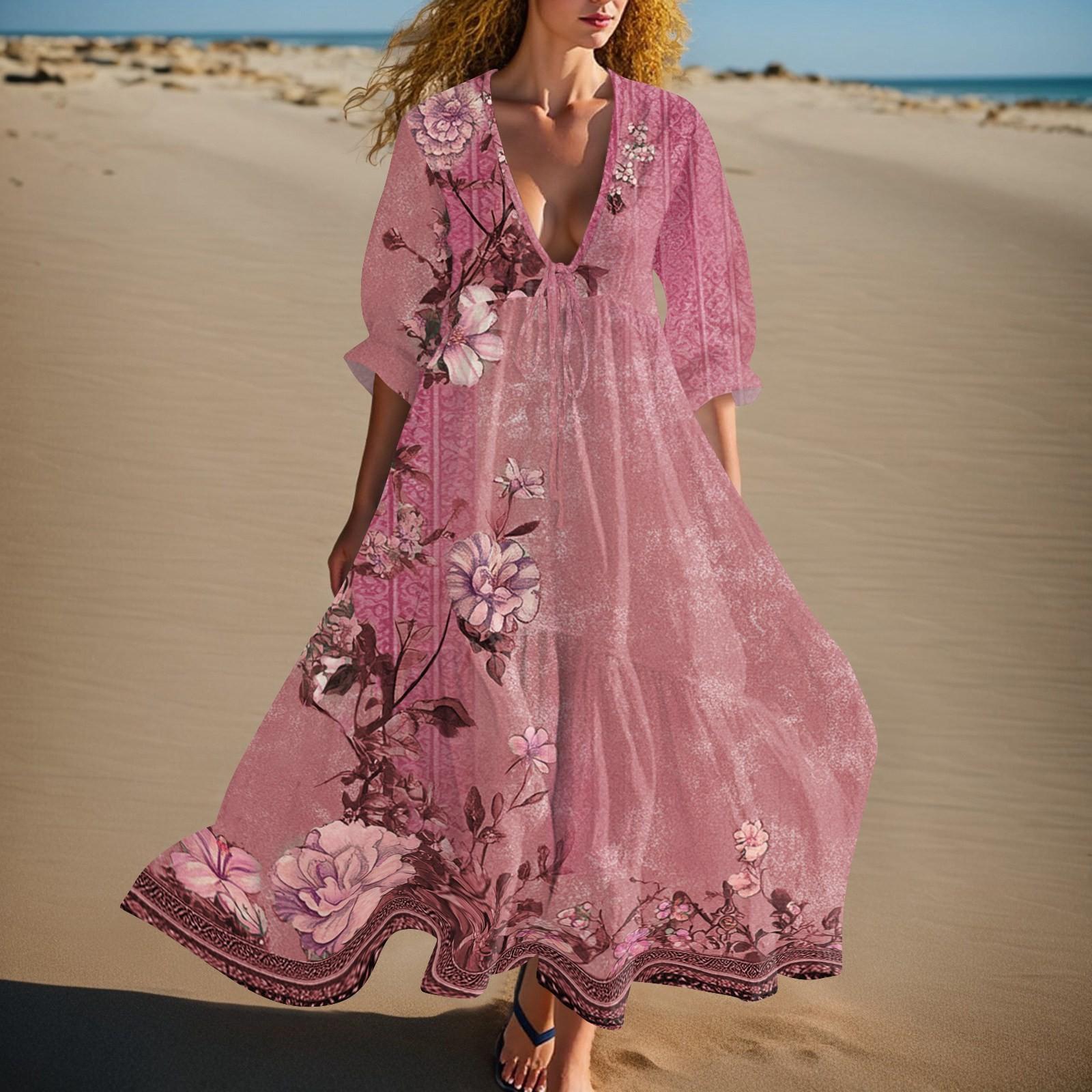 

Жіноча літня мода Сукня з V-подібним вирізом, ретро квітковим принтом, короткими рукавами, пляжна сукня з мереживною вставкою L червоний