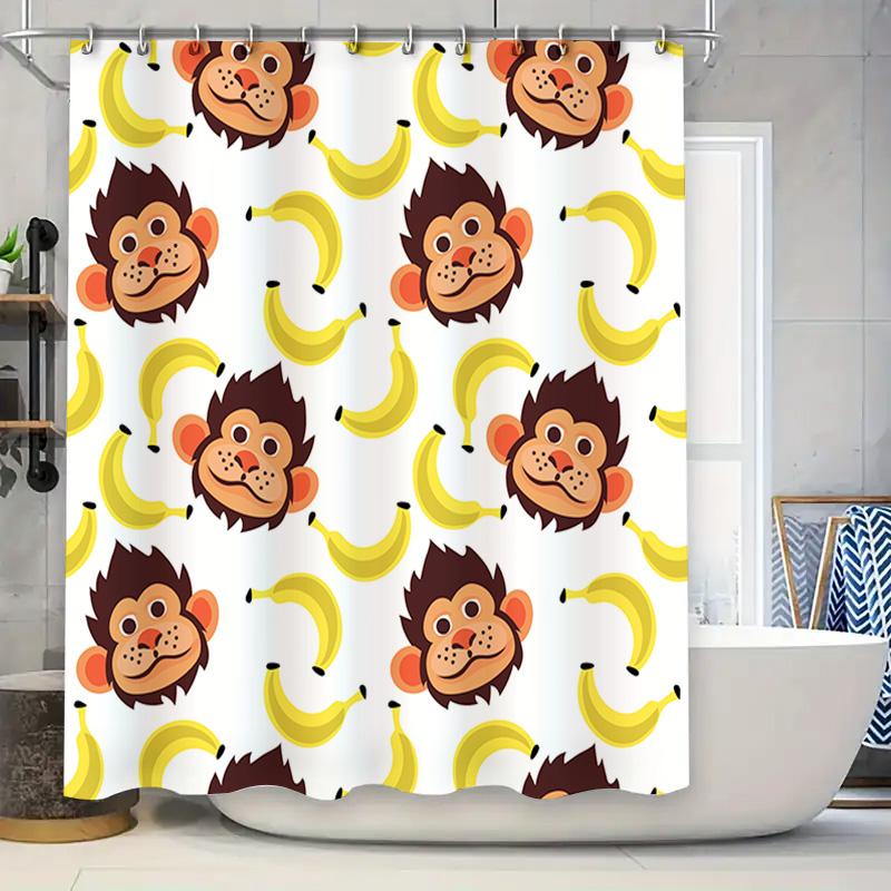 

Animal Print Shower Curtain Monkey Bananas Design For Bathroom Decor Cute Cartoon Bath Mat 3D Printed Fabric Waterproof Liner W60H190(CM)-1 Pcs