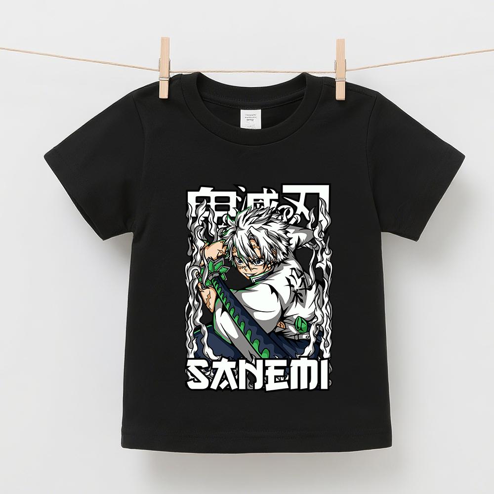 Demon Slayer Sanemi Anime Print Cotton T Shirts for Boys Girls Summer Casual Short Sleeve Tops Kids Daily Wear