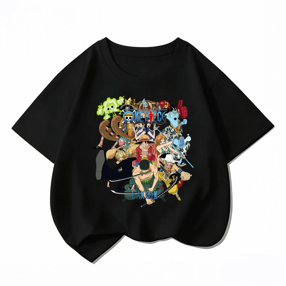 Bandai One Piece Luffy Crew Kids T-Shirt Cotton Boys Girls Summer Short Sleeve Clothes Children Anime Graphic Tees