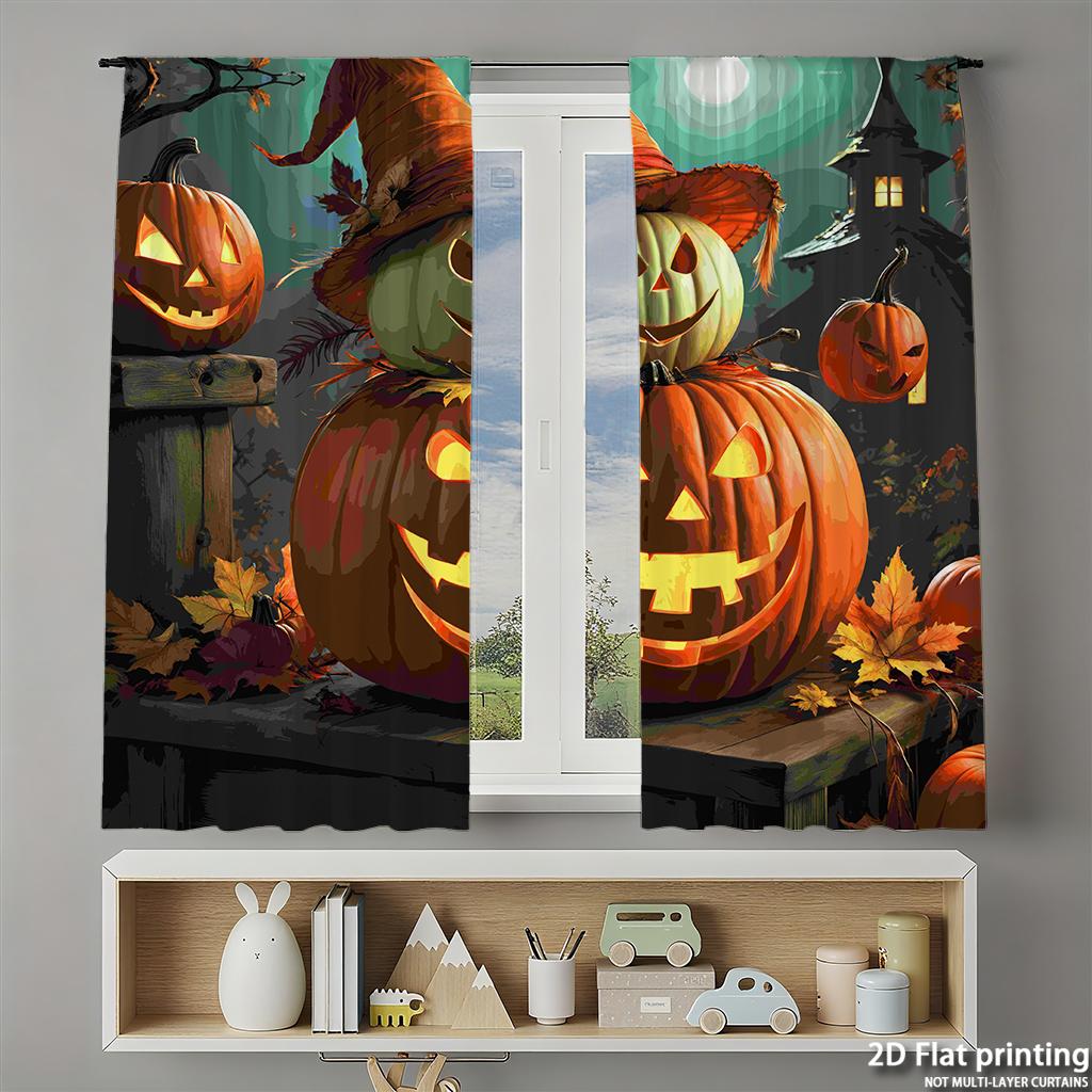 Piece Set High Definition Digital Printed Curtainshalloween Pumpkin Colorful Night Fallen Leaves Dark Backgroundhome Decora Curtain Polyester