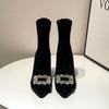 Boots High-heeled Elastic Socks Thin-heeled Rhinestone Suede Black Thin Boots Increase Height, Pointed Head Shows Long Legs
