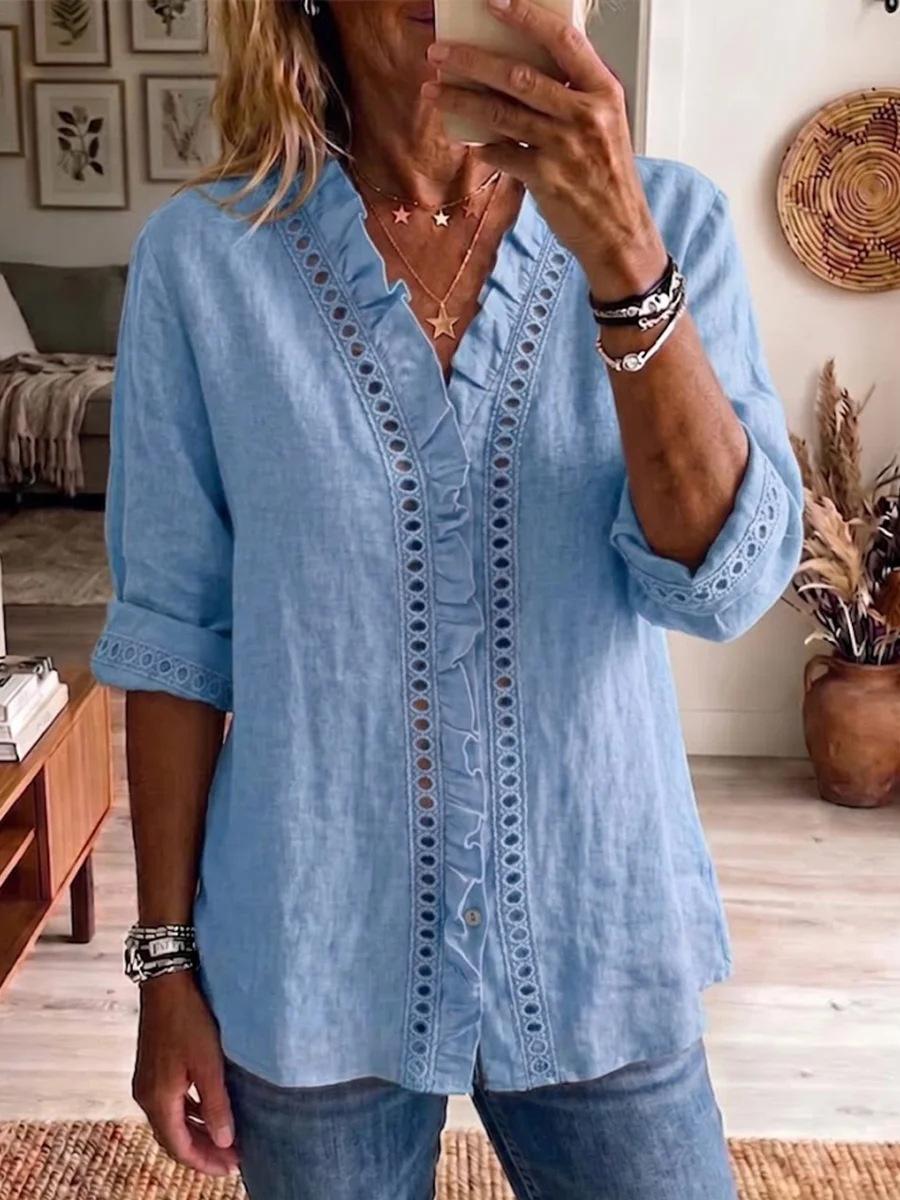 

Women s Linen Ruffle V-Neck 3/4 Sleeve Button-Down Blouse Casual Summer Pullover T-Shirt S синий