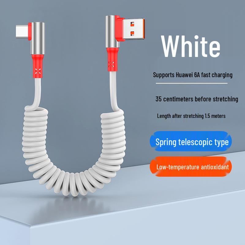 Câble USB Rétractable à Ressort Double Coude 6A Charge Rapide pour Téléphones & Voitures