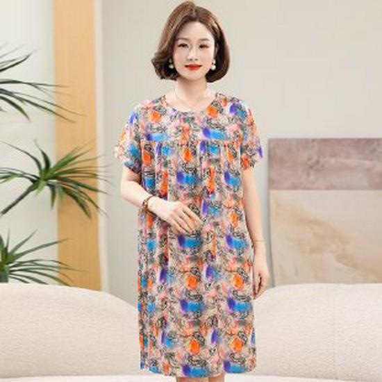 Summer Cotton Silk Knee-Length Floral Dress for Middle-Aged and Elderly Women - Short Sleeved, Lightweight, Plus Size, Loose Fit